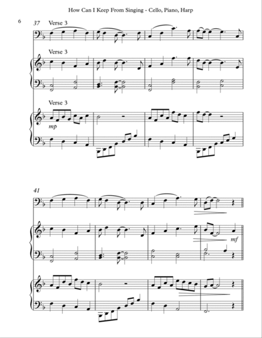 How Can I Keep From Singing, Trio for Cello, Piano & Harp Pedal Harp scores gallery preview page 6