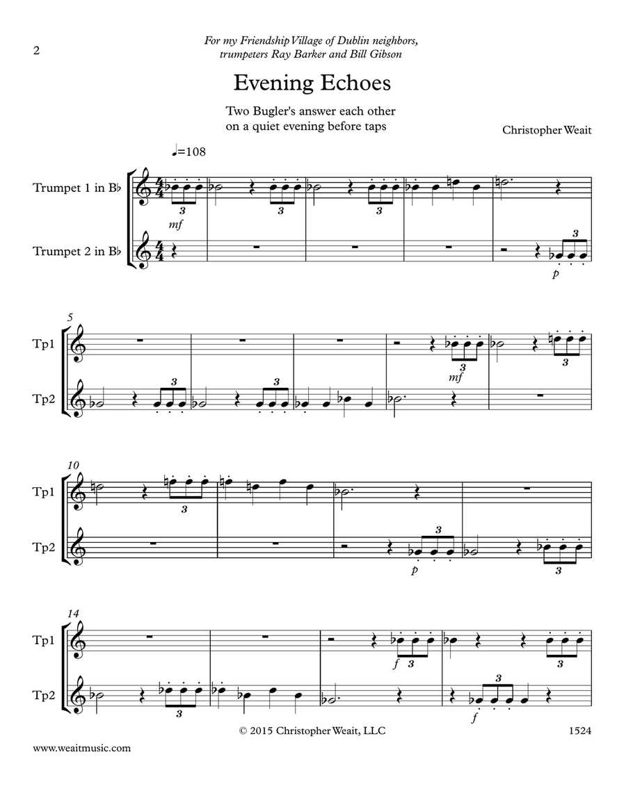 Evening Echoes for 2 trumpets (1’30) Trumpet Duet scores gallery preview page 2