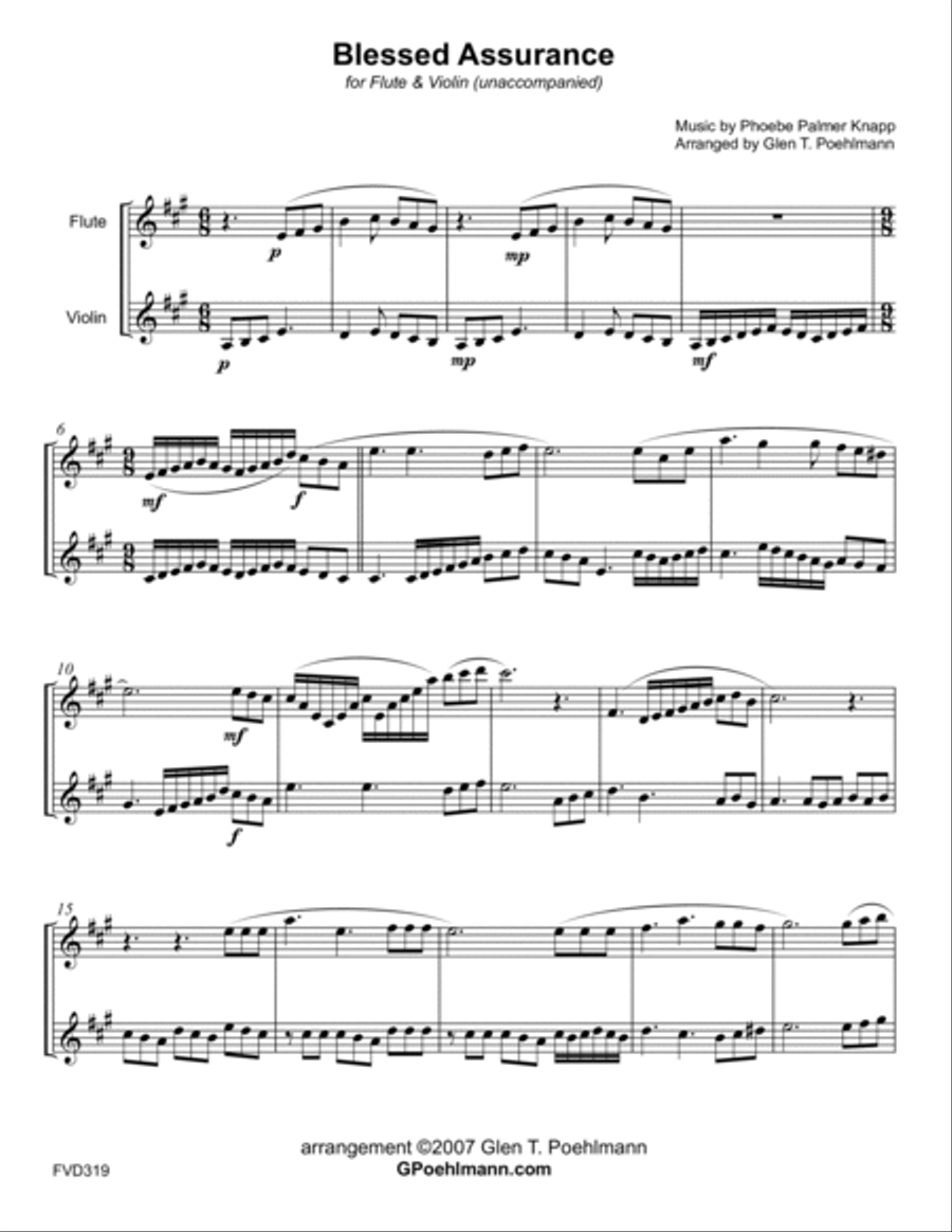 BLESSED ASSURANCE - FLUTE & VIOLIN DUET (unaccompanied) Flute scores gallery preview page 1