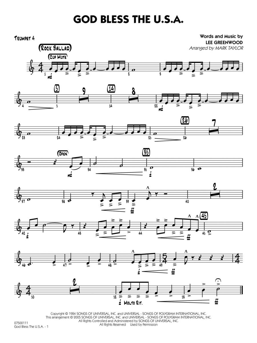 God Bless the U.S.A. (arr. Mark Taylor) - Trumpet 4 Jazz Ensemble scores gallery preview page 1