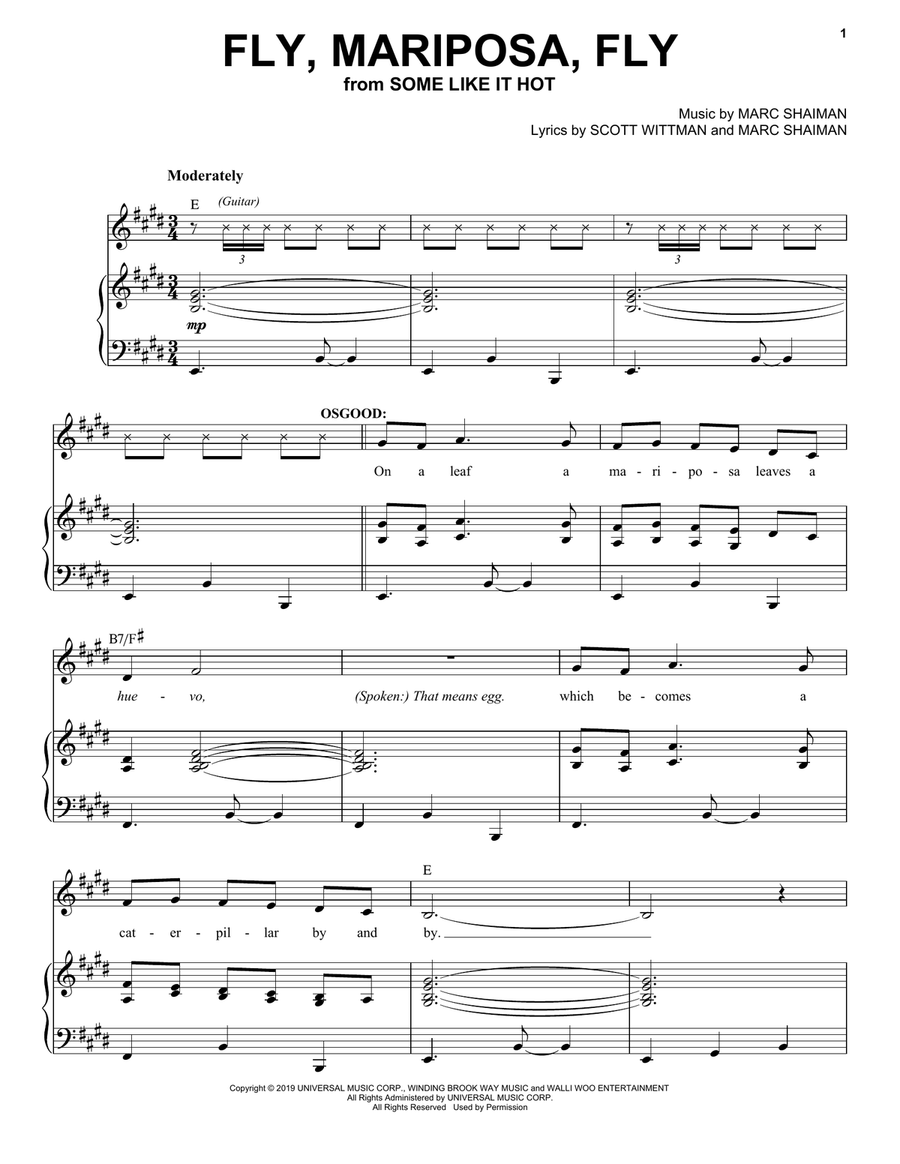 Fly, Mariposa, Fly (from Some Like It Hot) Piano, Vocal, Guitar scores gallery preview page 1