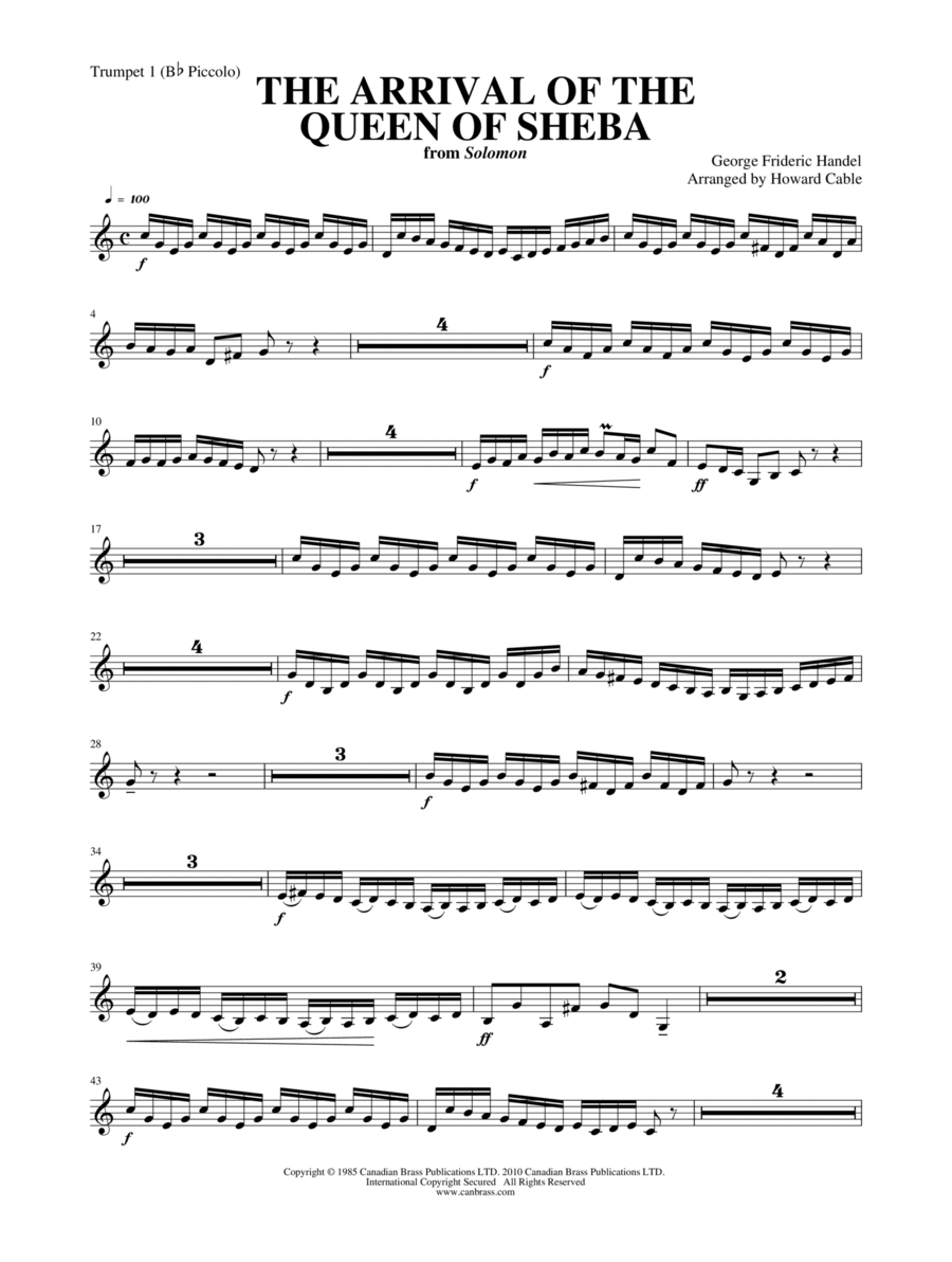 Arrival of the Queen of Sheba - Bb Trumpet 1 Brass Quintet scores gallery preview page 1