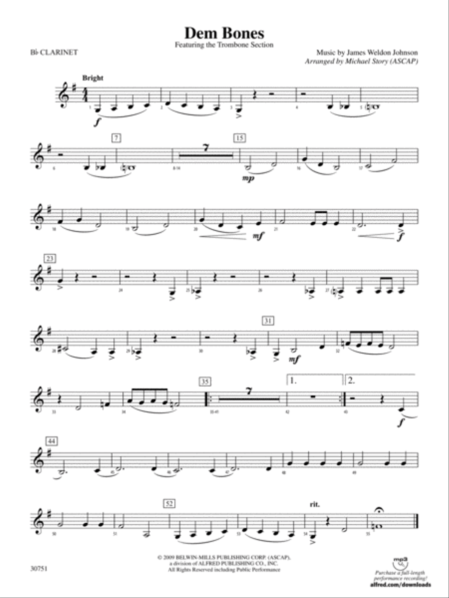 Dem Bones: 1st B-flat Clarinet Concert Band scores gallery preview page 1