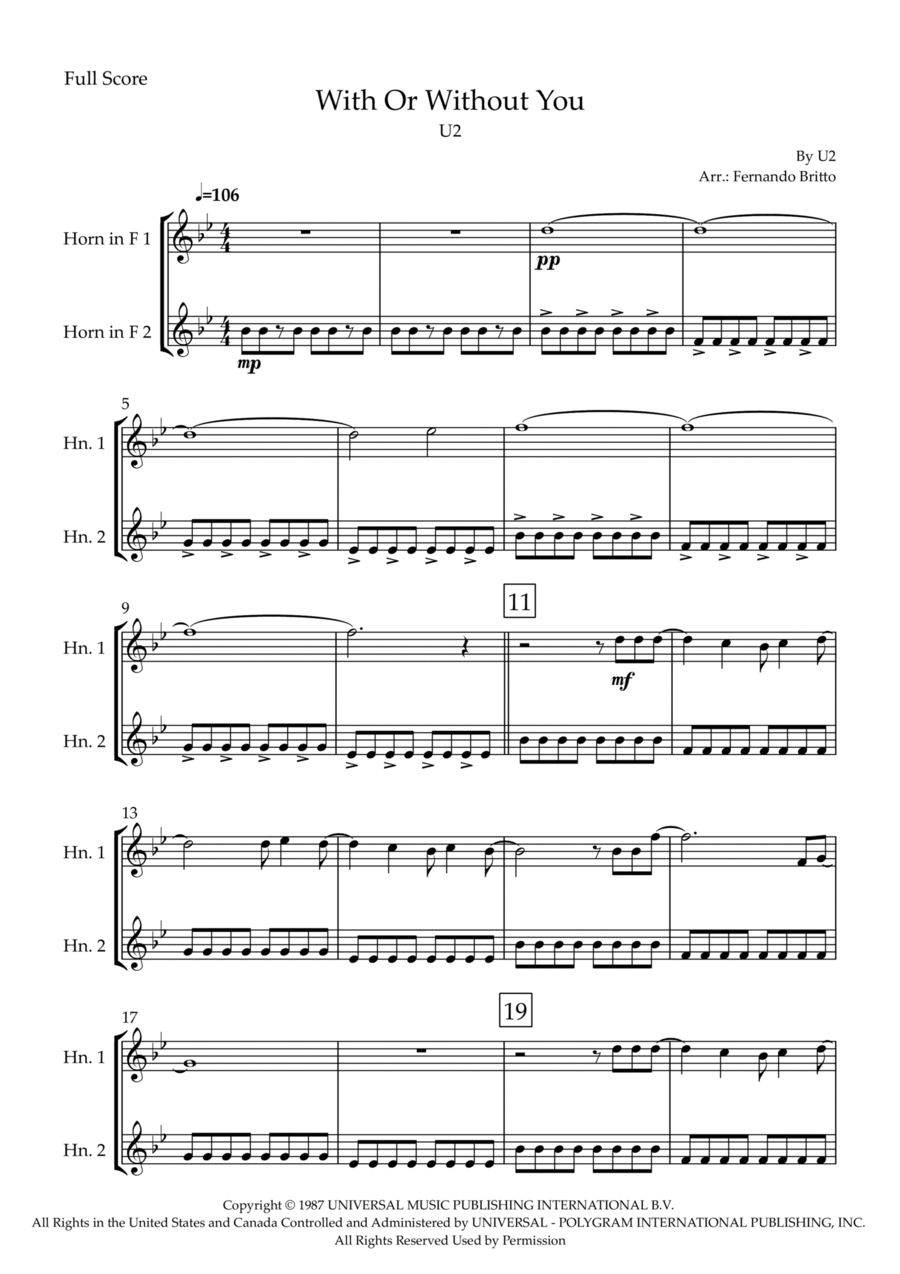 With Or Without You Brass Duet scores gallery preview page 1