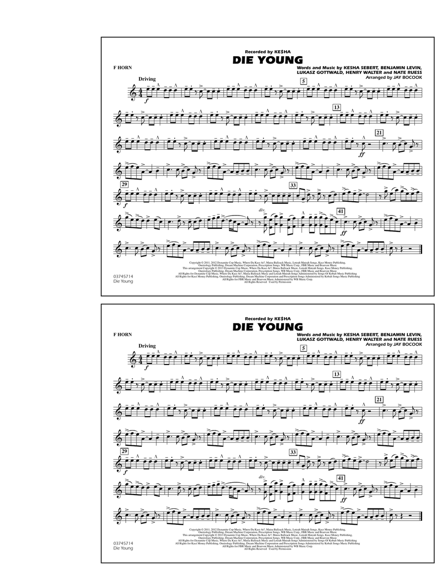 Die Young - F Horn Marching Band scores gallery preview page 1