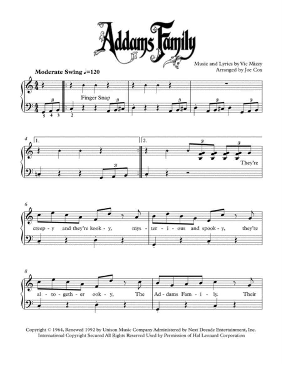 The Addams Family Theme Easy Piano scores gallery preview page 1