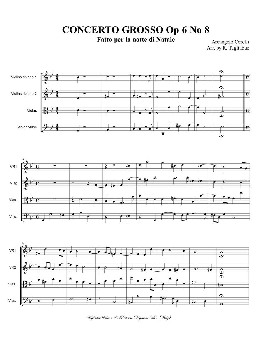 CHRISTMAS CONCERTO - Corelli - Op. 6 N. 8 - Arr. for String Quartet - With parts String Quartet scores gallery preview page 2
