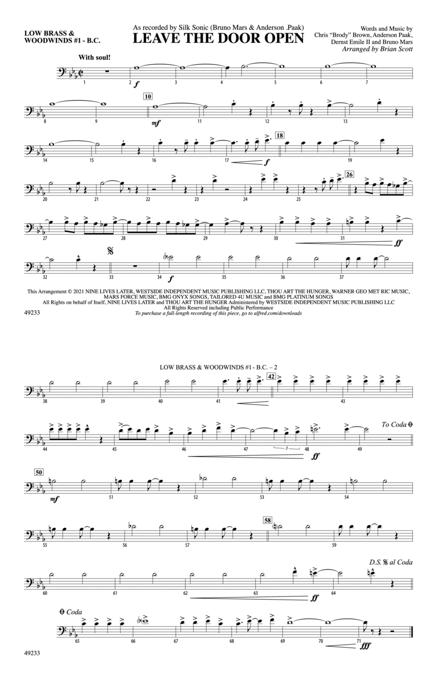 Leave the Door Open: Low Brass & Woodwinds #1 - Bass Clef Marching Band scores gallery preview page 1