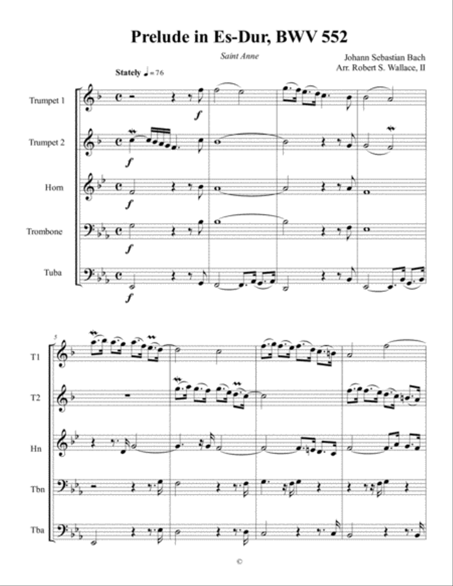 Bach's Prelude and Fugue in E-Flat, BWV 552 Brass Ensemble scores gallery preview page 1