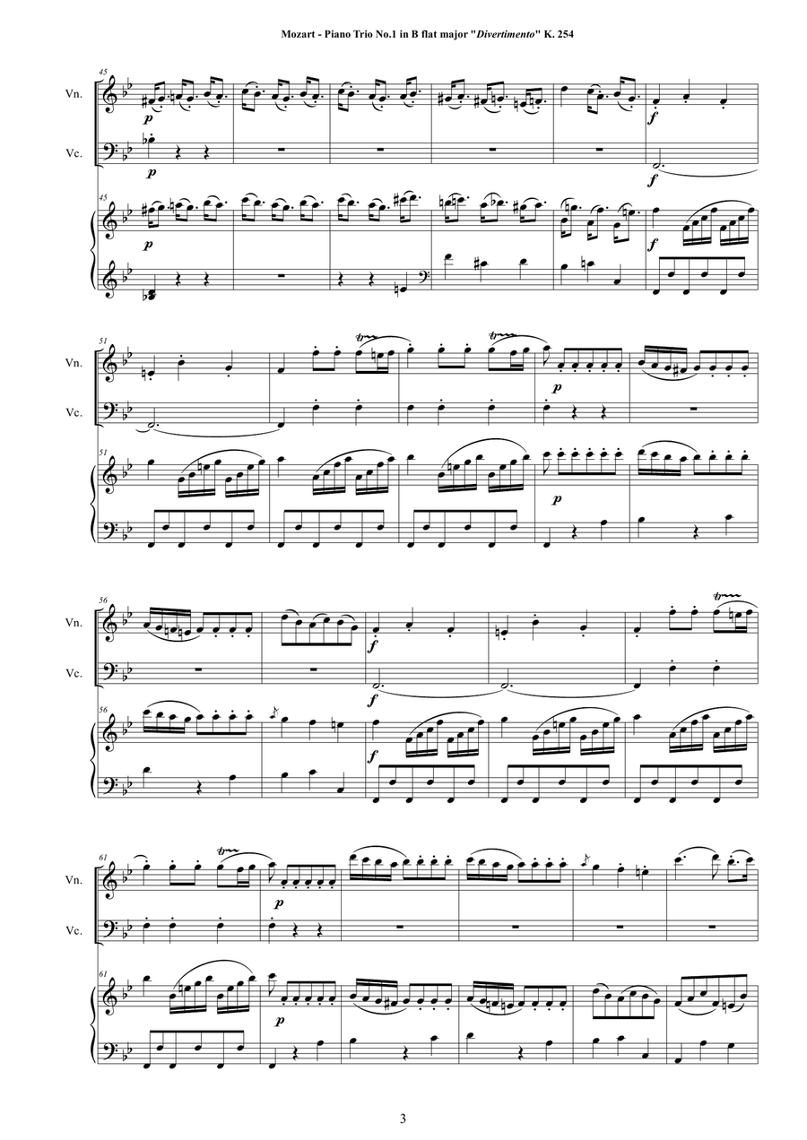 Mozart - Piano Trio No.1 in B flat (Divertimento) K 254 for Violin, Cello and Piano Piano Trio scores gallery preview page 3