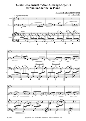 'Gestillte Sehnsucht' Zwei Gesänge, Op.91-1 for Violin, Clarinet & Piano