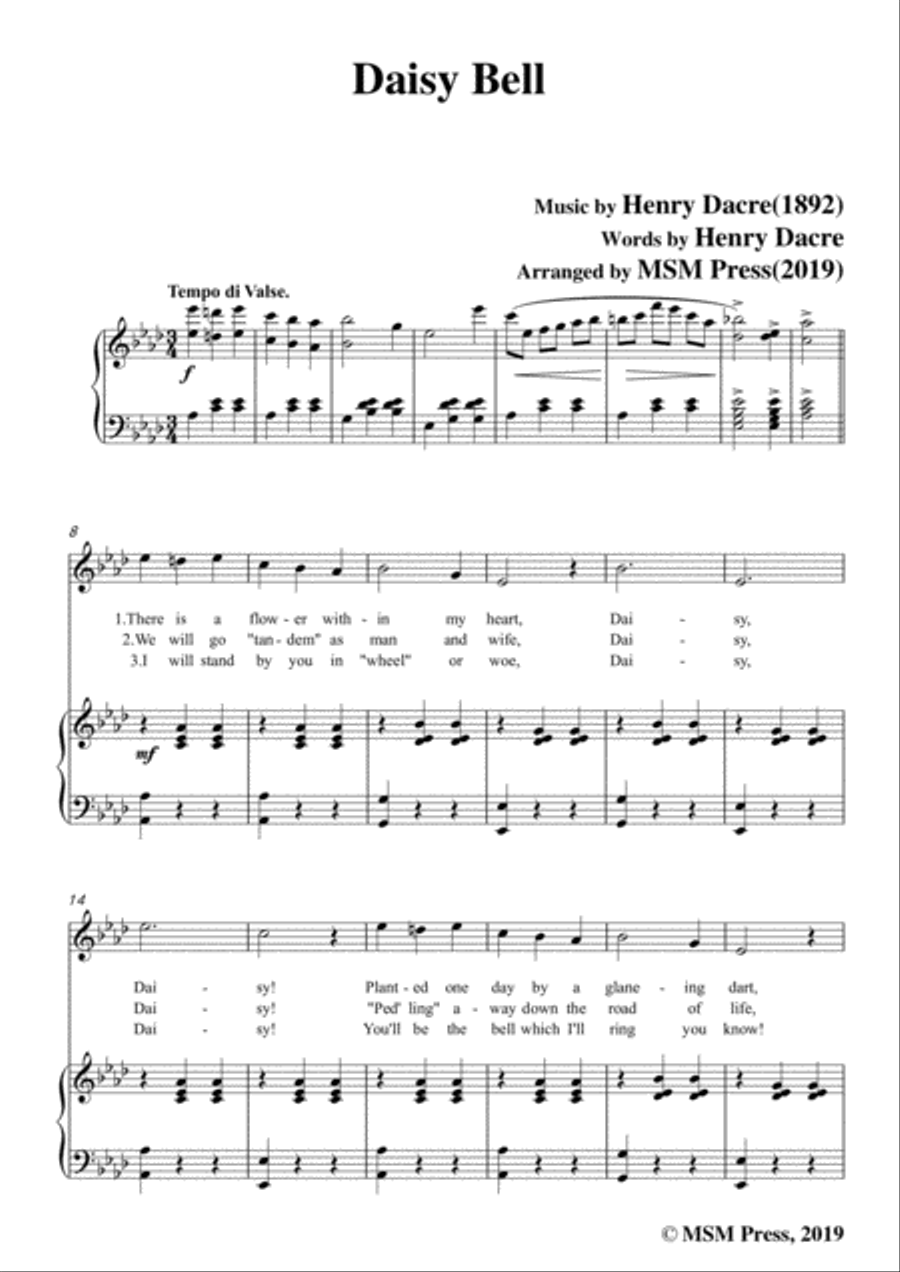 Henry Dacre-Daisy Bell,in A flat Major,for Voice and Piano Voice Solo scores gallery preview page 3