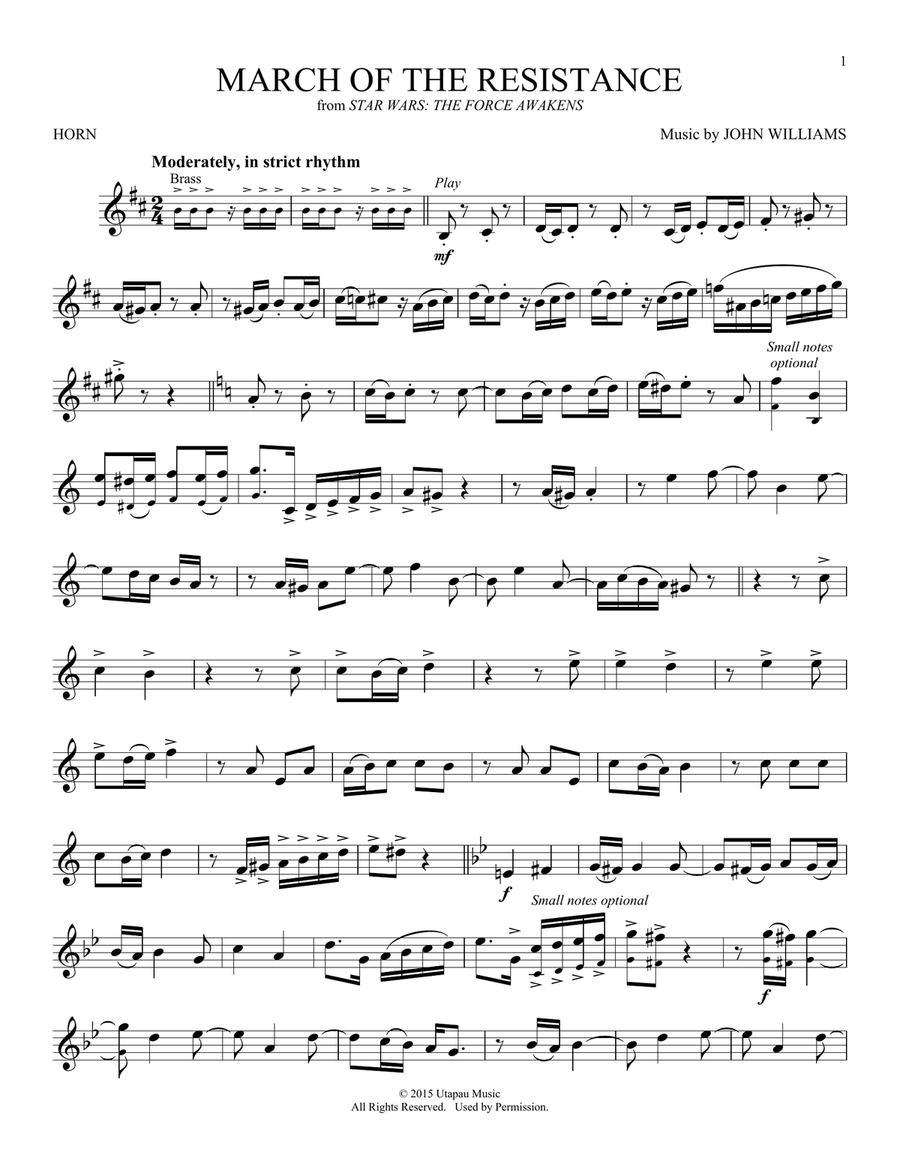 March Of The Resistance (from Star Wars: The Force Awakens) Horn Solo scores gallery preview page 1