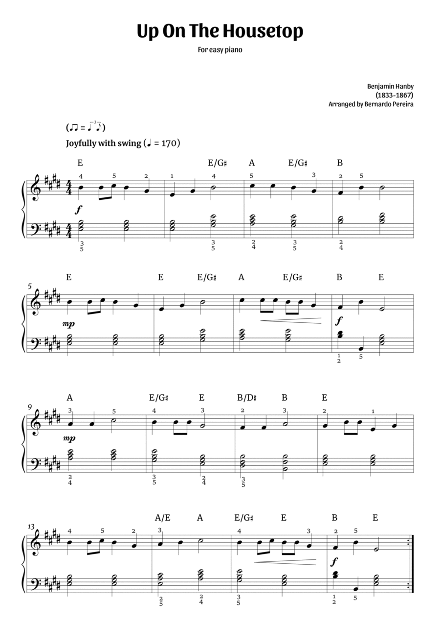 Up On The Housetop (easy piano in E major – with chords) Easy Piano scores gallery preview page 1