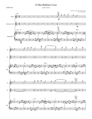 O Mio Babbino Caro (Puccini) for Flute, Clarinet in Bb & Harp/Piano with Chords