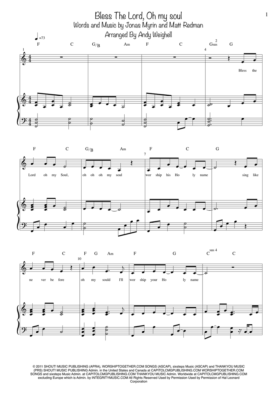 Bless The Lord, Oh My Soul Piano, Vocal scores gallery preview page 1