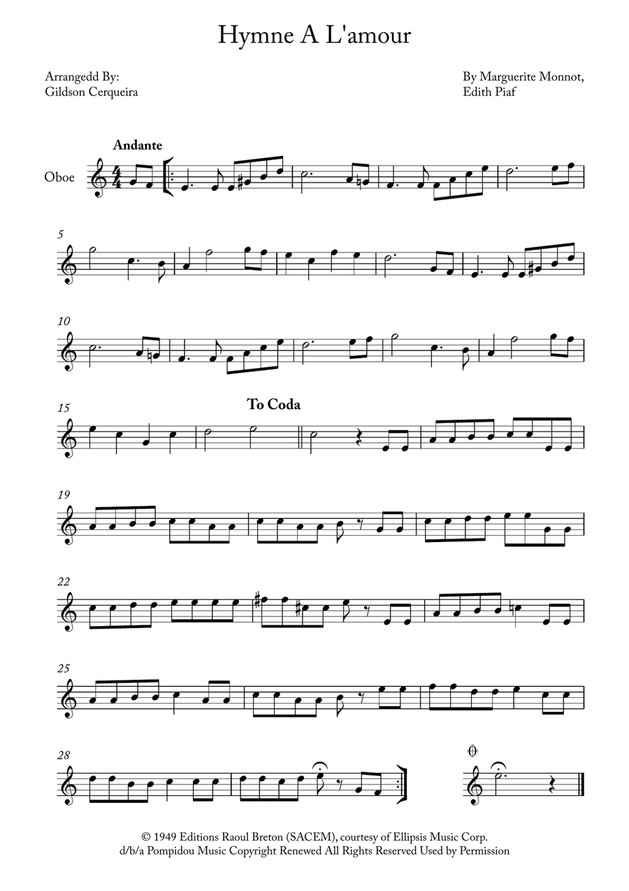 Hymne A L'amour Oboe Solo scores gallery preview page 1