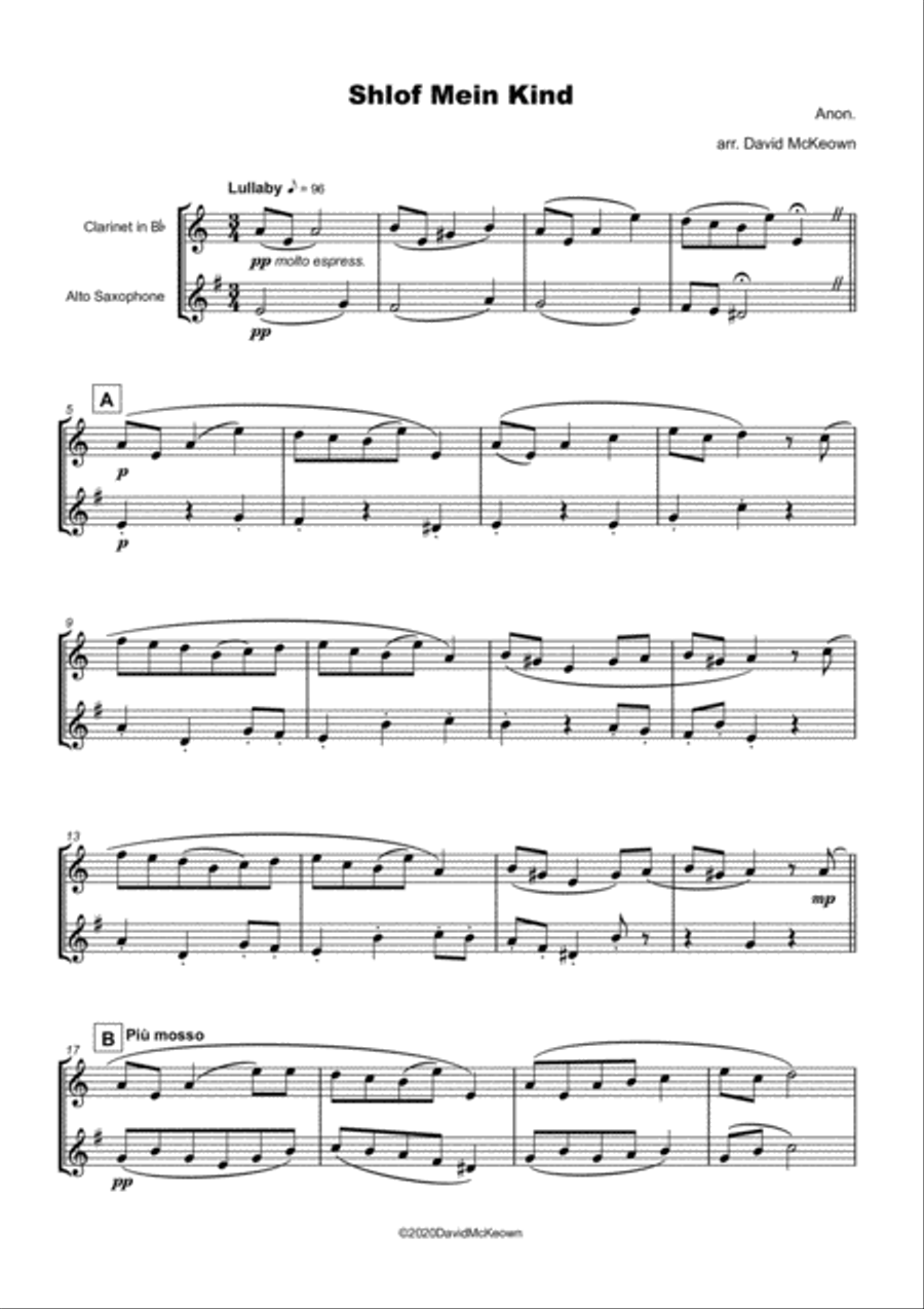 Shlof Mein Kind, Jewish Lullaby for Clarinet and Alto Saxophone Duet Woodwind Duet scores gallery preview page 2