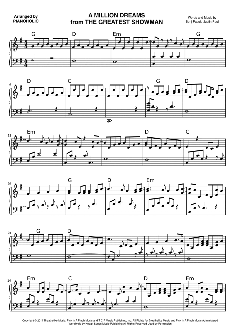 A Million Dreams Piano Solo scores gallery preview page 1
