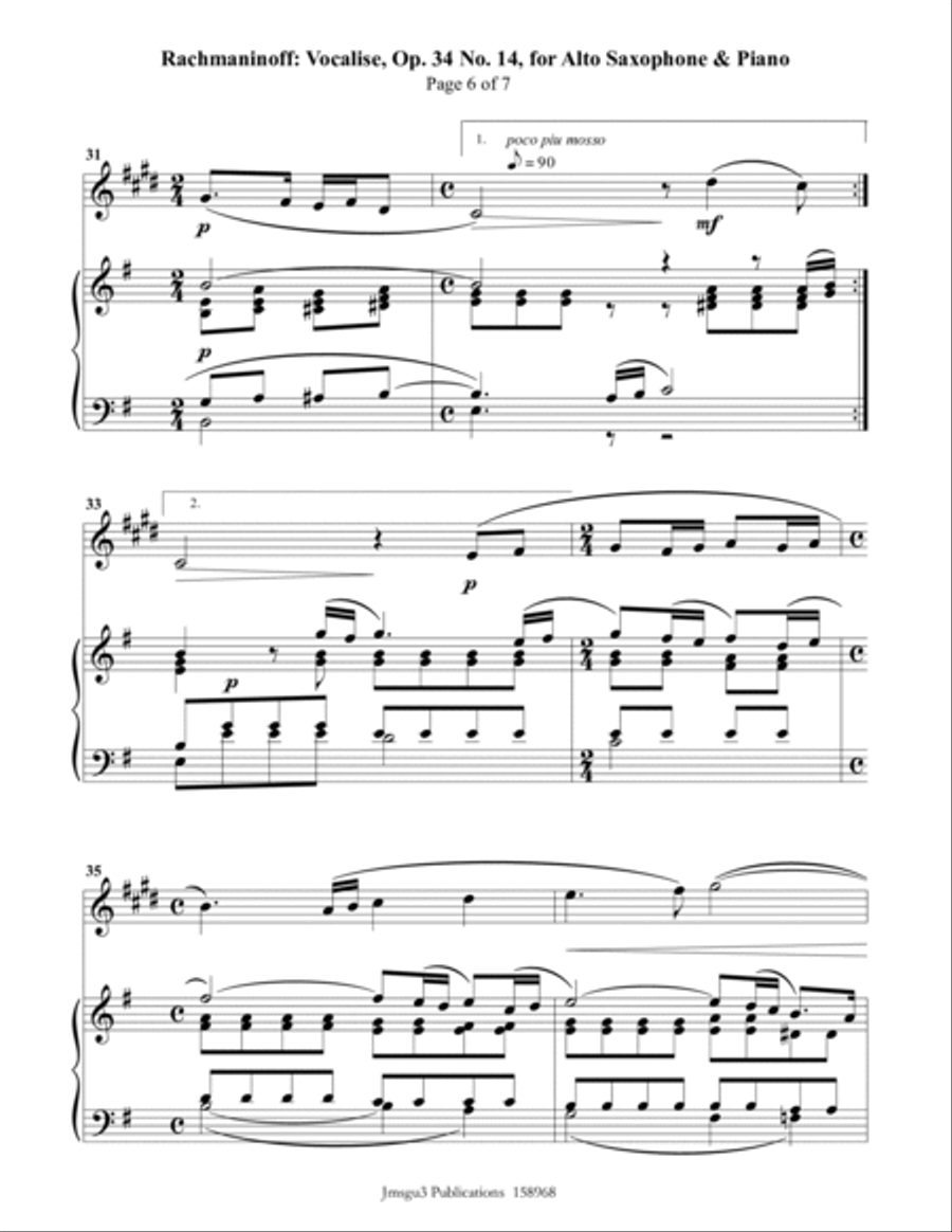 Rachmaninoff: Vocalise for Alto Sax & Piano Alto Saxophone scores gallery preview page 6