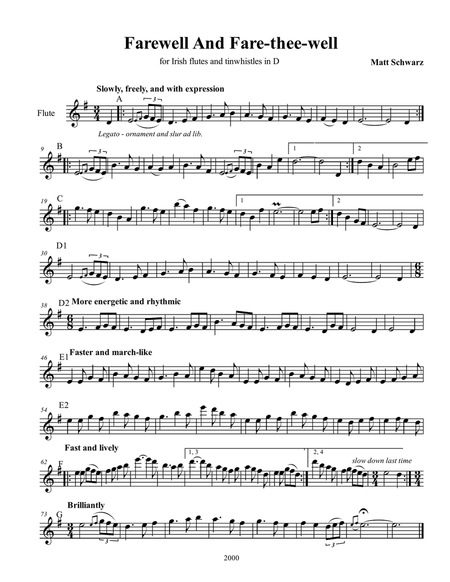 Farewell and Fare-thee-well for solo flute, tinwhistle, or violin Flute Solo scores gallery preview page 1