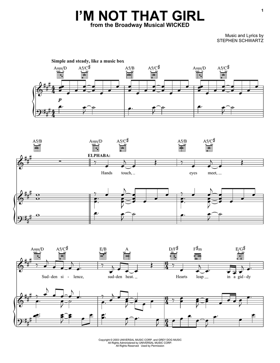 I'm Not That Girl (from Wicked) Piano, Vocal, Guitar scores gallery preview page 1