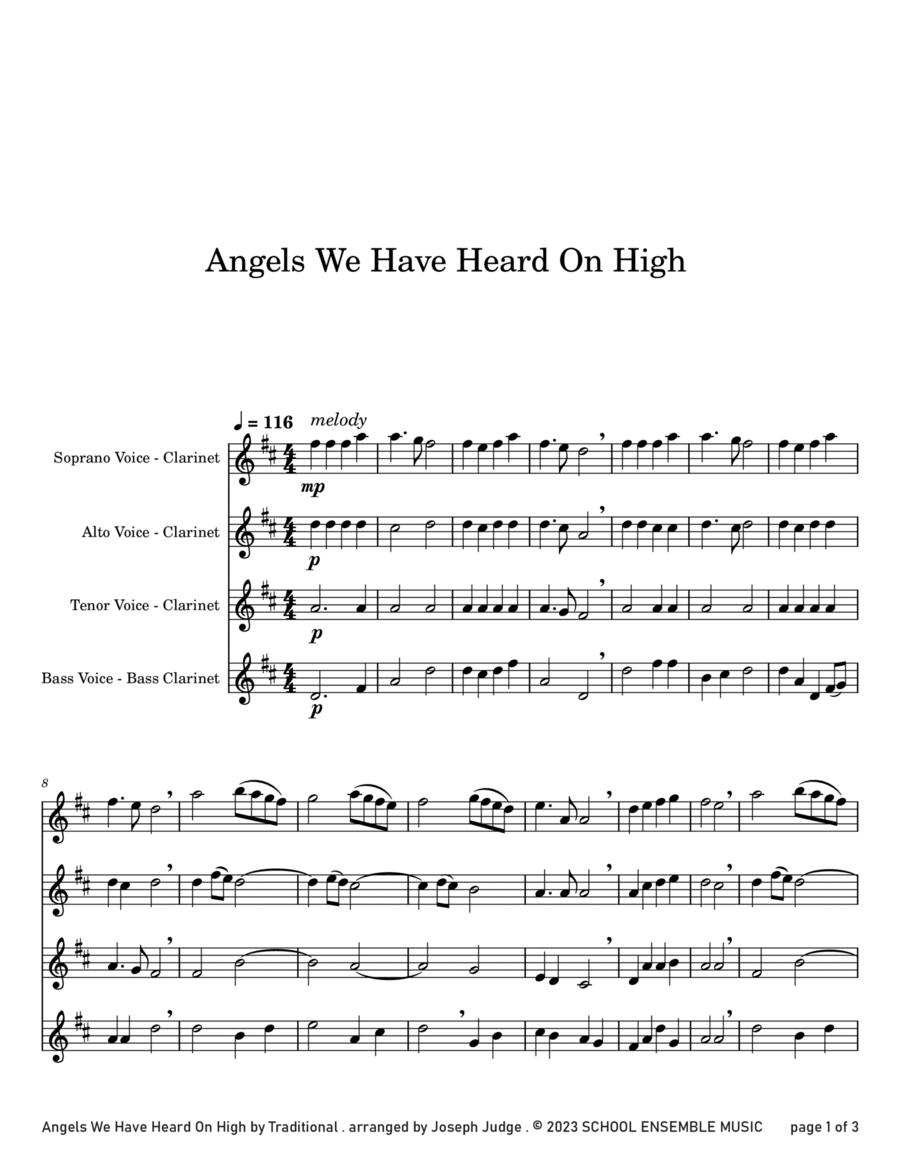Angels We Have Heard for Clarinet Quartet in Schools Clarinet Quartet scores gallery preview page 1
