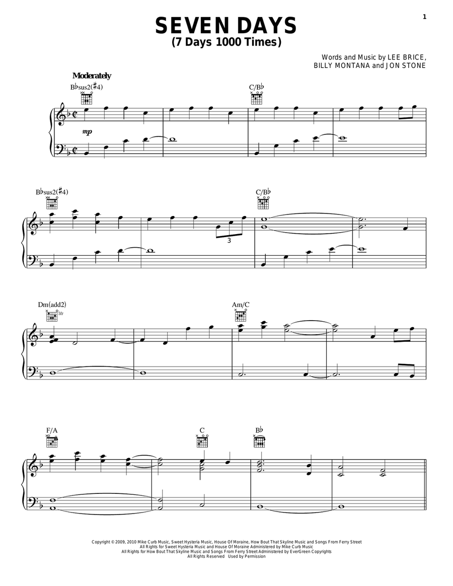 Seven Days (7 Days 1000 Times) Piano, Vocal, Guitar scores gallery preview page 1