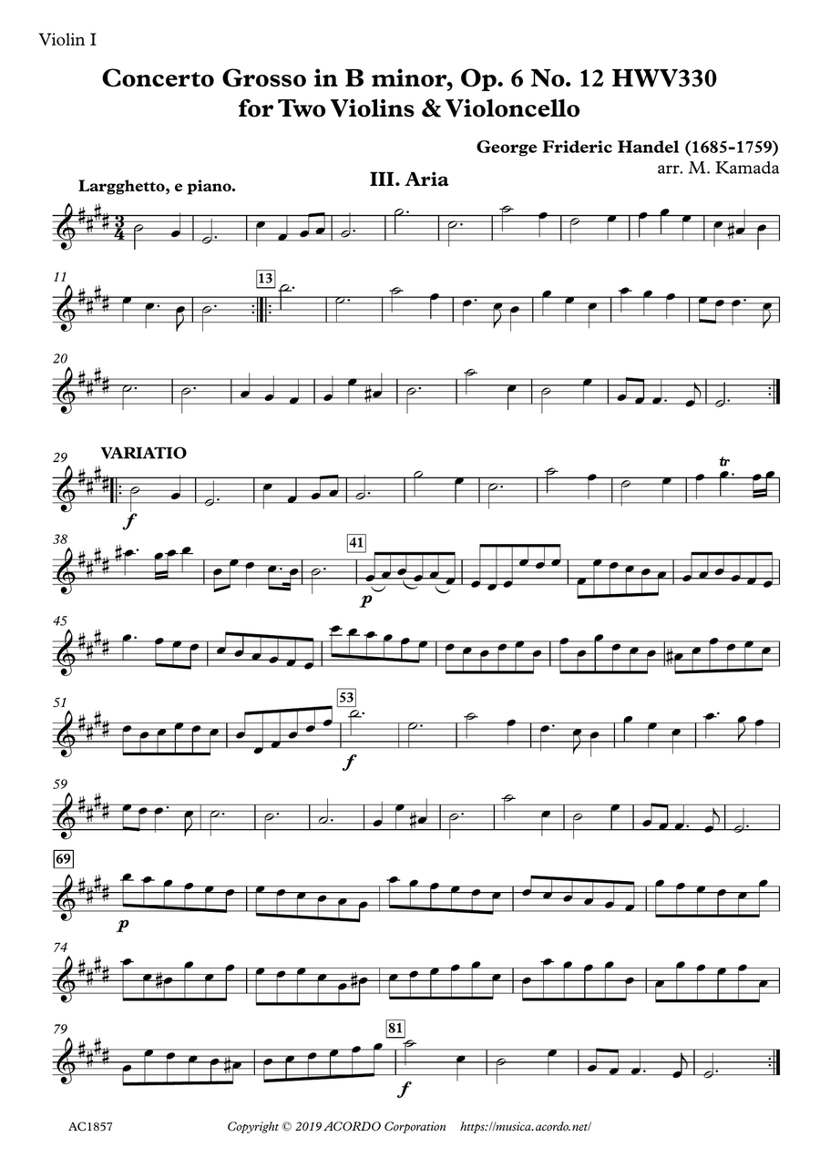 Aria from Concerto Grosso, Op.6-12 HWV330 for Two Violins & Violoncello String Quartet scores gallery preview page 3