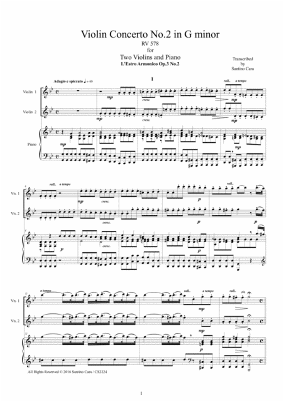 Vivaldi - Violin Concerto No.2 in G minor RV 578 Op.3 for Two Violins and Piano String Duet scores gallery preview page 1