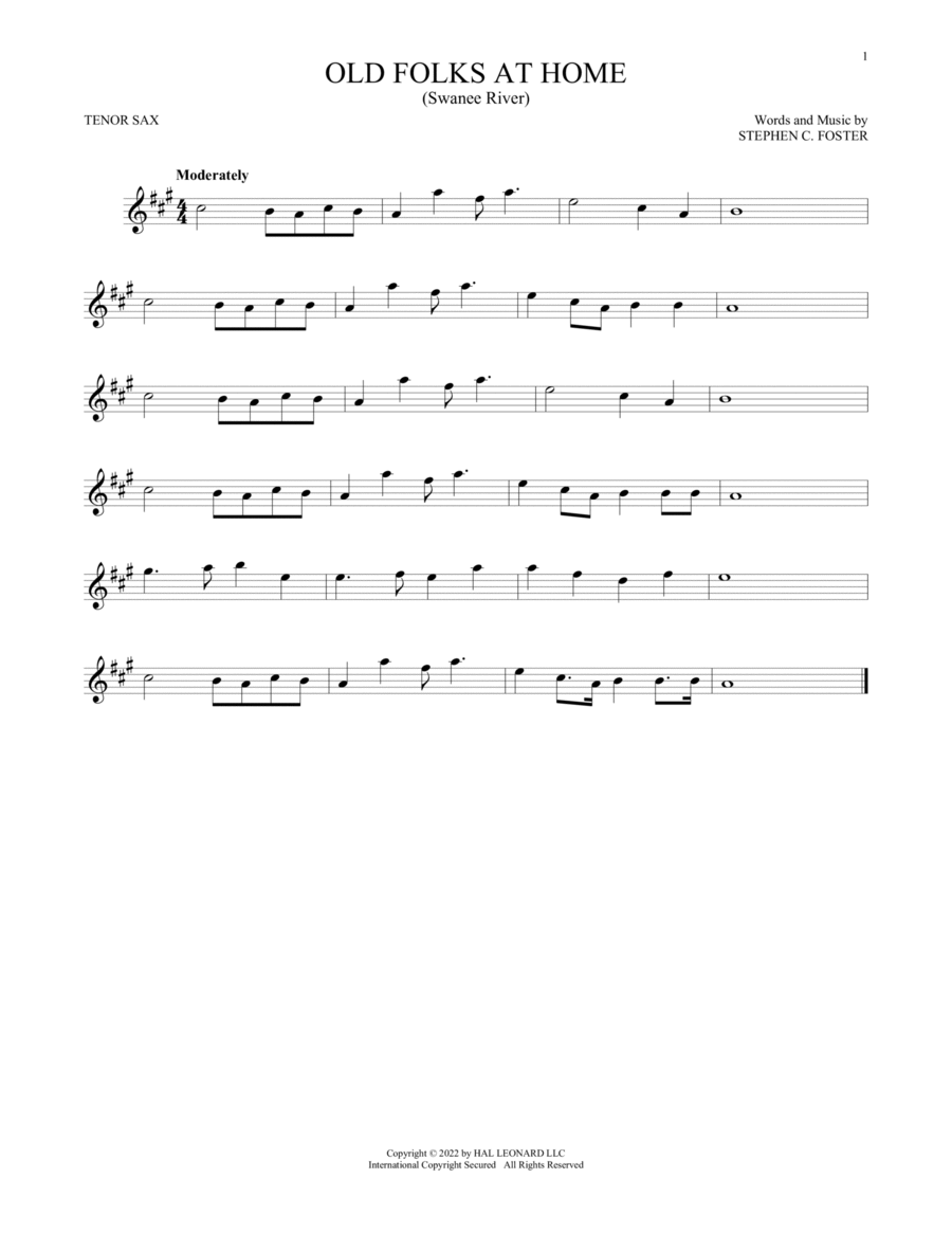 Old Folks At Home (Swanee River) Tenor Saxophone scores gallery preview page 1