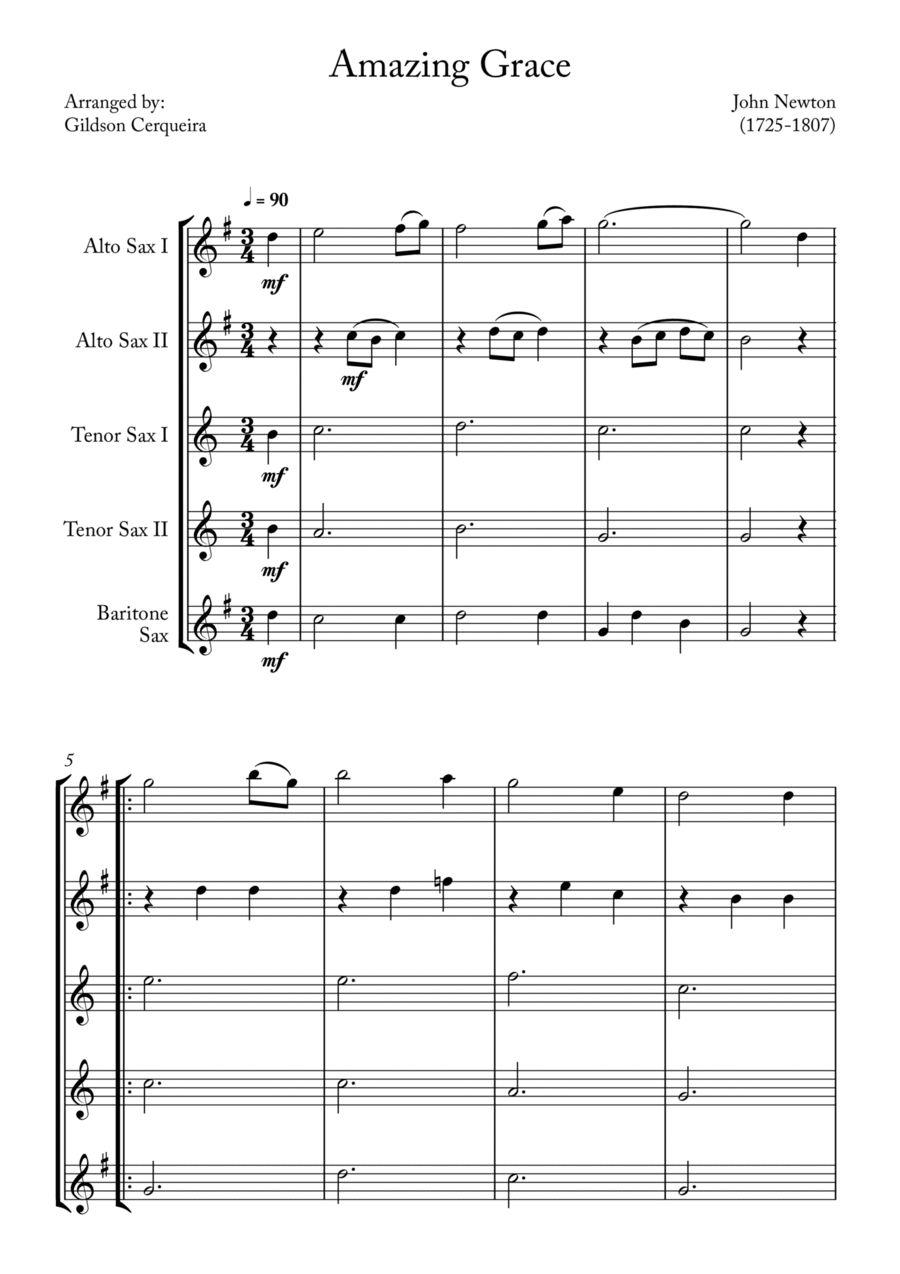 Amazing Grace Saxophone Quintet scores gallery preview page 1