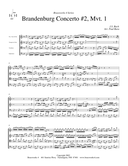 Brandenburg No. 2, Mvt 1 by Johann Sebastian Bach Brass Quartet - Digital Sheet Music