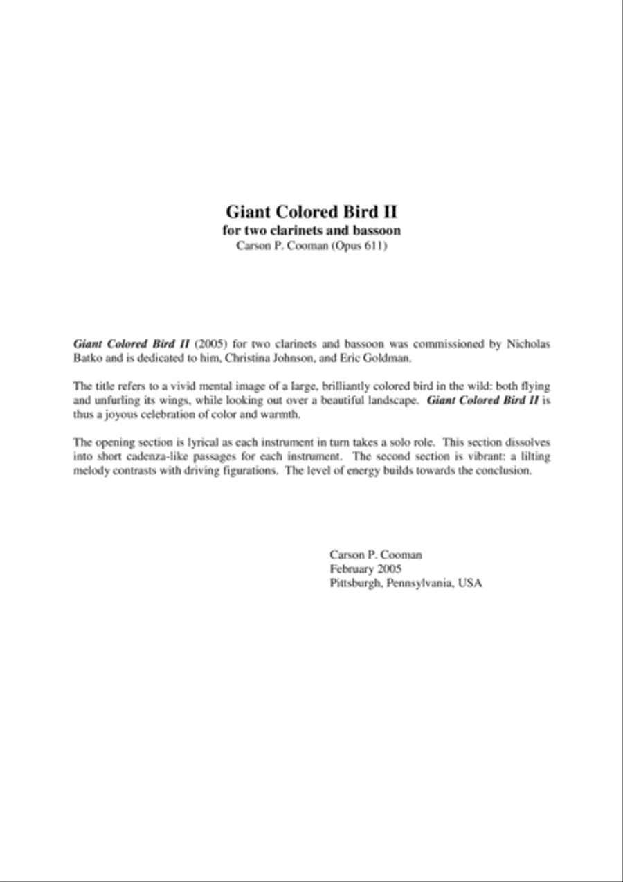 Carson Cooman: Giant Colored Bird II (2005) for two Bb clarinets and bassoon Woodwind Trio scores gallery preview page 1