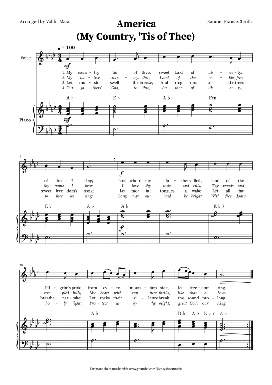 America (My Country, 'Tis of Thee) - Voice and Piano in A-flat (+CHORDS) Voice Solo scores gallery preview page 1