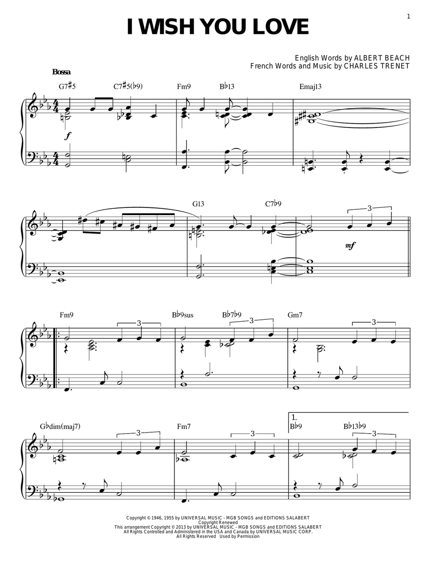 I Wish You Love [Jazz version] (arr. Brent Edstrom) Piano Solo scores gallery preview page 1