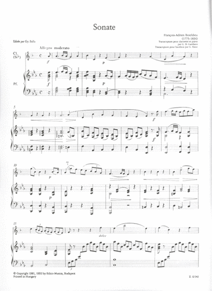 Sonate pour clarinette en Si bemol ou hautbois et