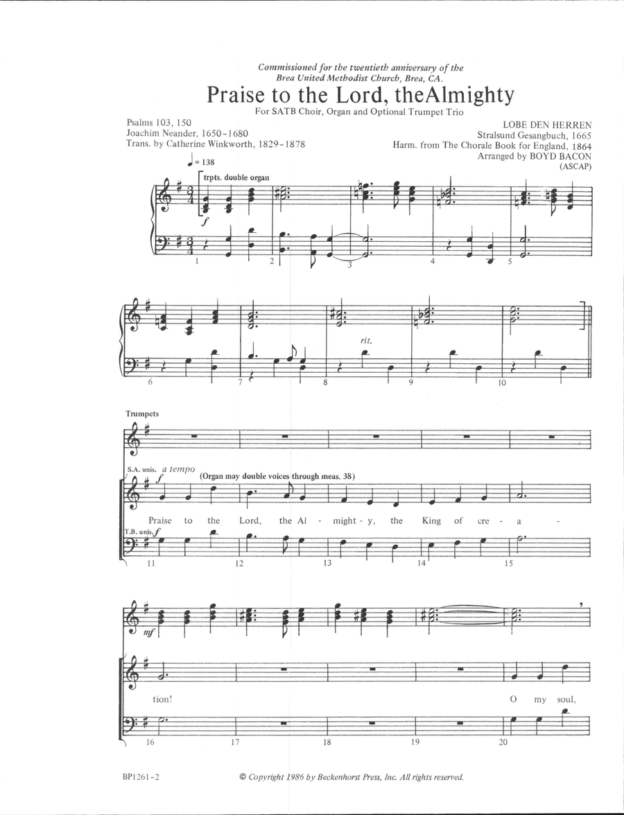 Praise to the Lord, the Almighty - Bacon 4-Part scores gallery preview page 2