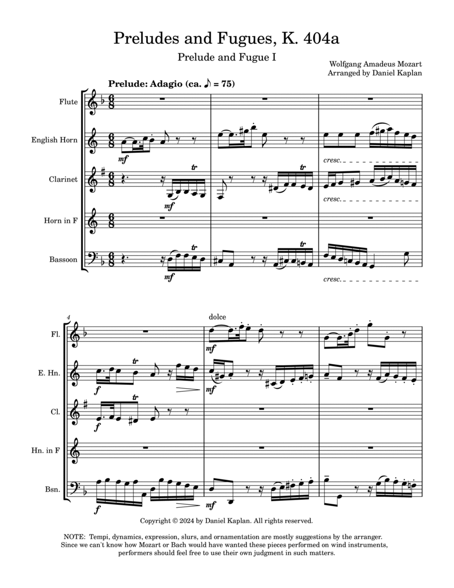 Mozart-Bach Prelude and Fugue I from K.404a (arranged for woodwind quintet) Woodwind Quintet scores gallery preview page 1