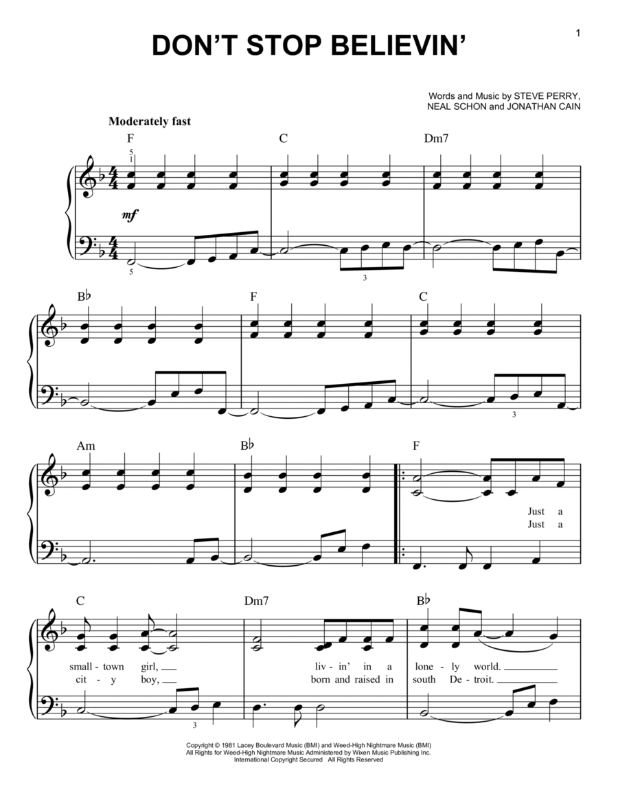 Don't Stop Believin' Easy Piano scores gallery preview page 1