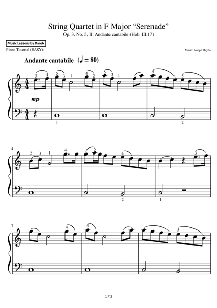 String Quartet in F Major “Serenade” (EASY PIANO) Op. 3, No. 5 (Hob. III:17) [Haydn] image number null