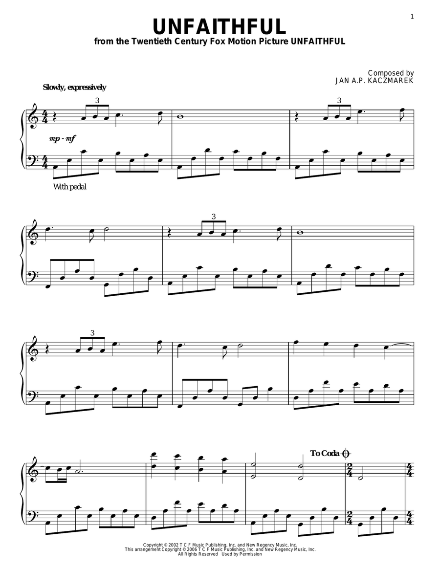 Unfaithful Piano Solo scores gallery preview page 1