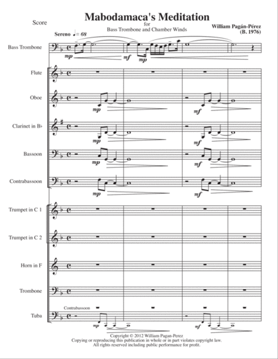 Mabodamaca's Meditation for Bass Trombone and Chamber Winds Large Ensemble scores gallery preview page 2