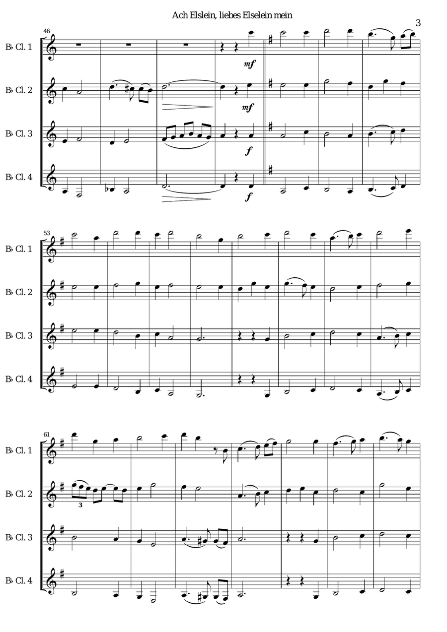Ach Elslein, liebes Elselein mein for clarinet quartet (4 B flats) Clarinet Quartet scores gallery preview page 3