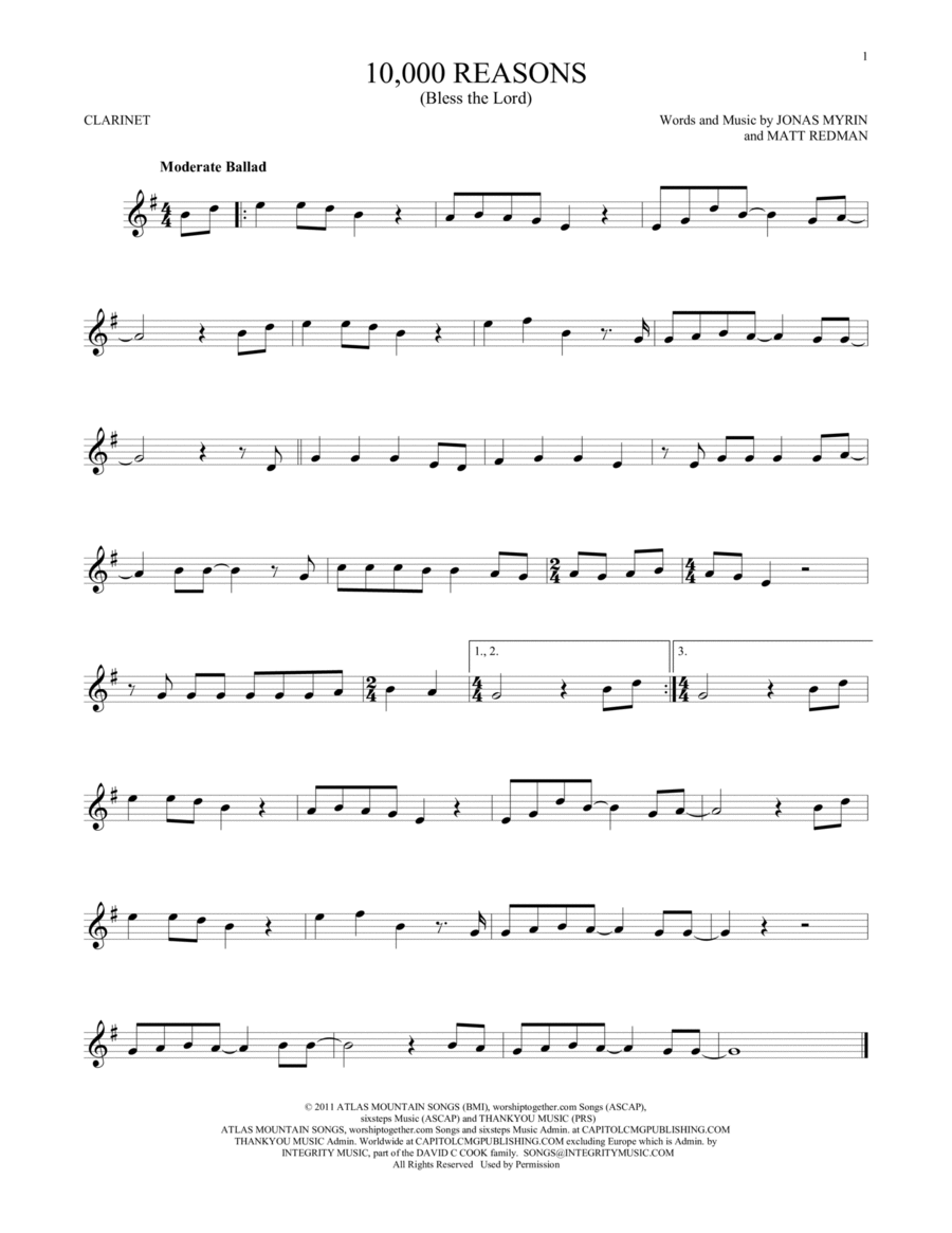 10,000 Reasons (Bless The Lord) Clarinet Solo scores gallery preview page 1