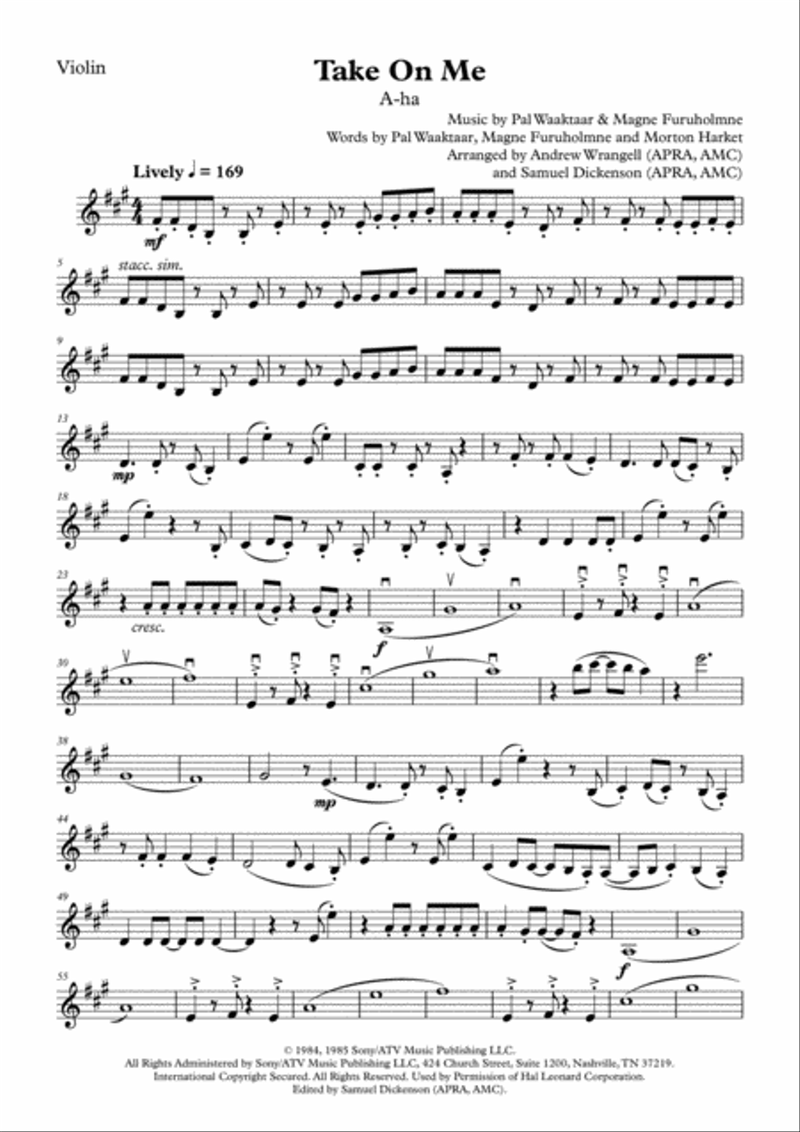 Take On Me Violin Solo scores gallery preview page 1