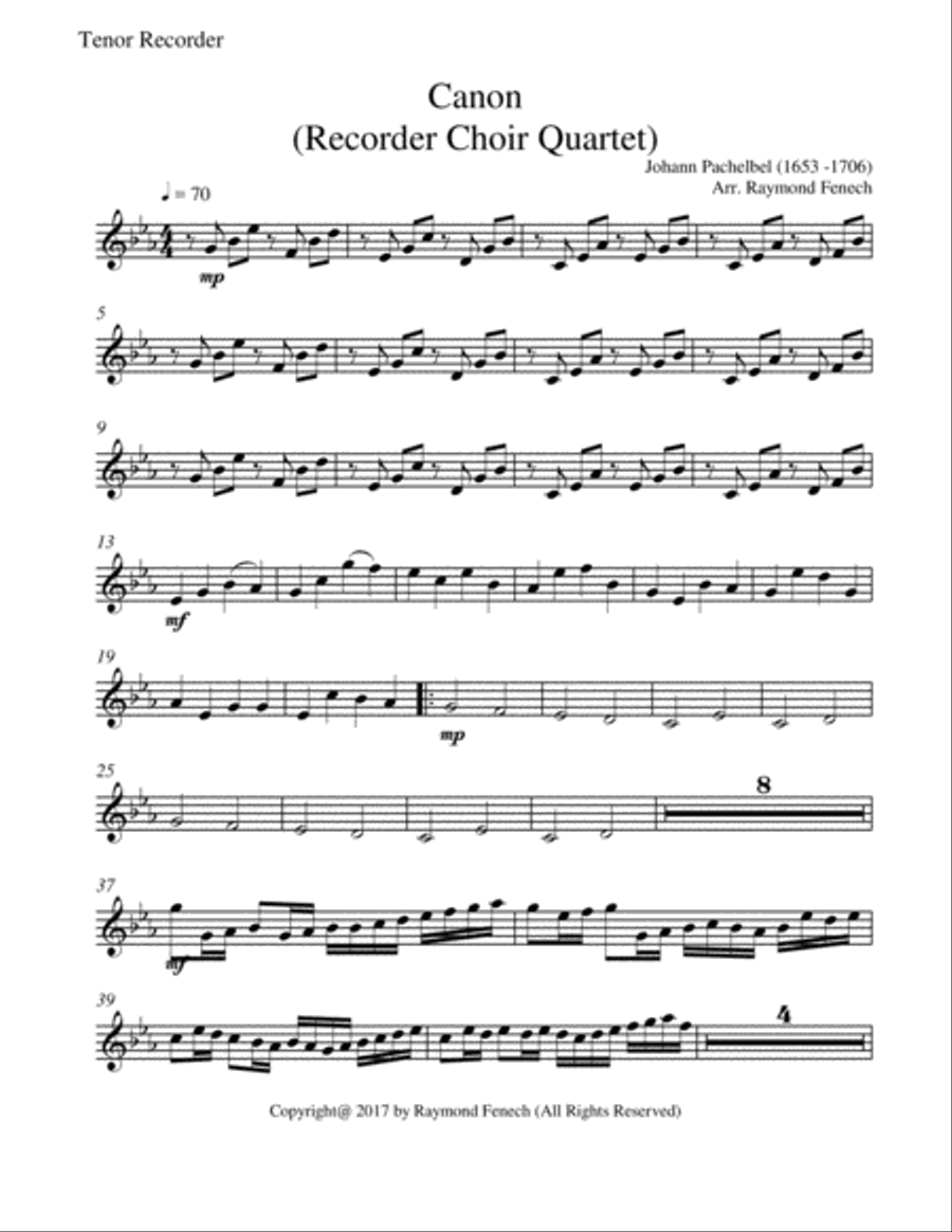 Canon - Johann Pachebel - Recorder Choir Quartet (Alto Recorder; Treble Recorder; Tenor Recorder and Canon - Johann Pachebel - Recorder Choir Quartet (Alto Recorder; Treble Recorder; Tenor Recorder and Alto Recorder scores gallery preview page 4