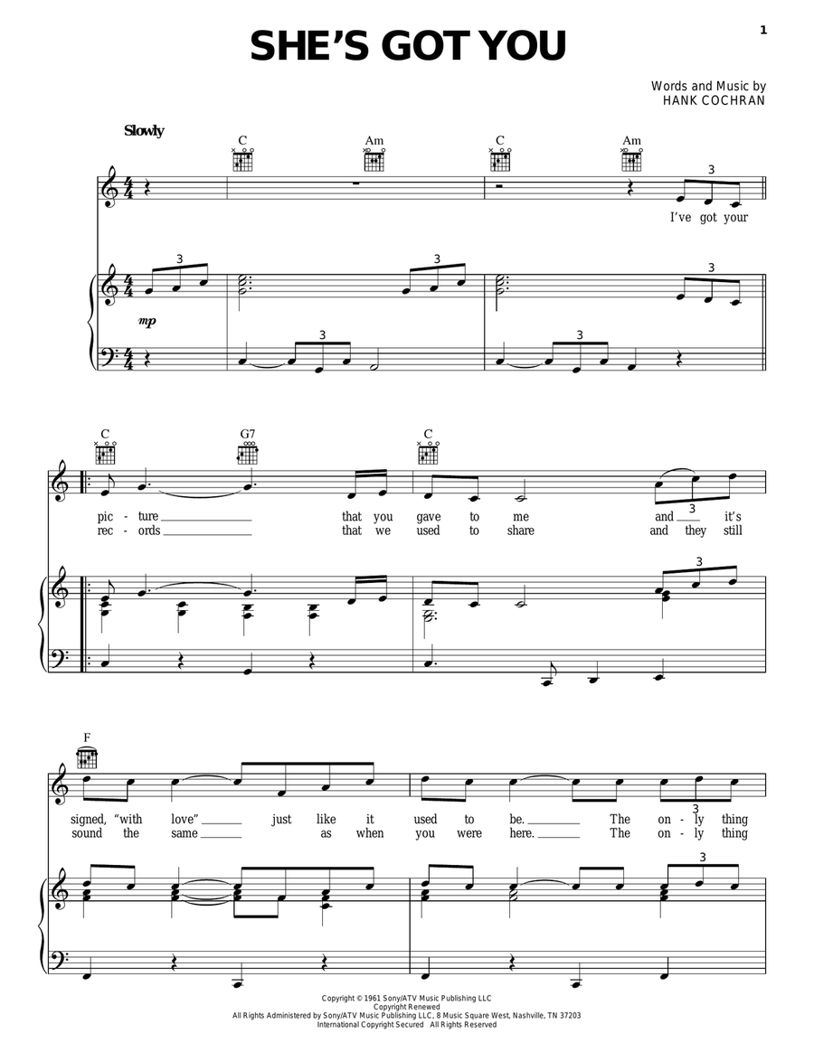 She's Got You Piano, Vocal, Guitar scores gallery preview page 1