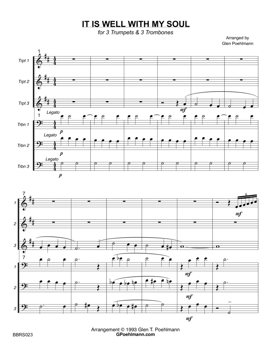 IT IS WELL WITH MY SOUL - 3 TRUMPETS & 3 TROMBONES (unaccompanied) Brass Ensemble scores gallery preview page 1