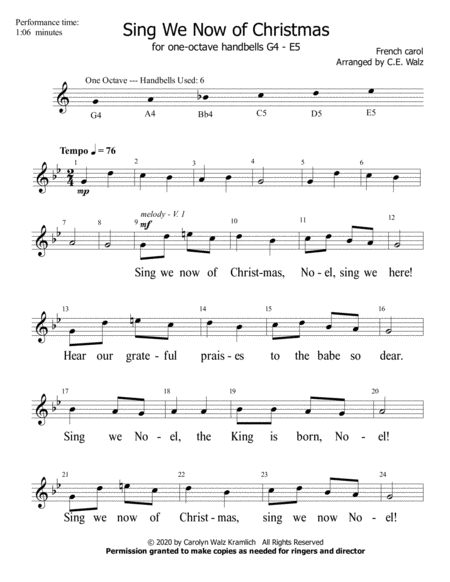 Sing We Now of Christmas - for one-octave beginning handbells G4-E5 image number null